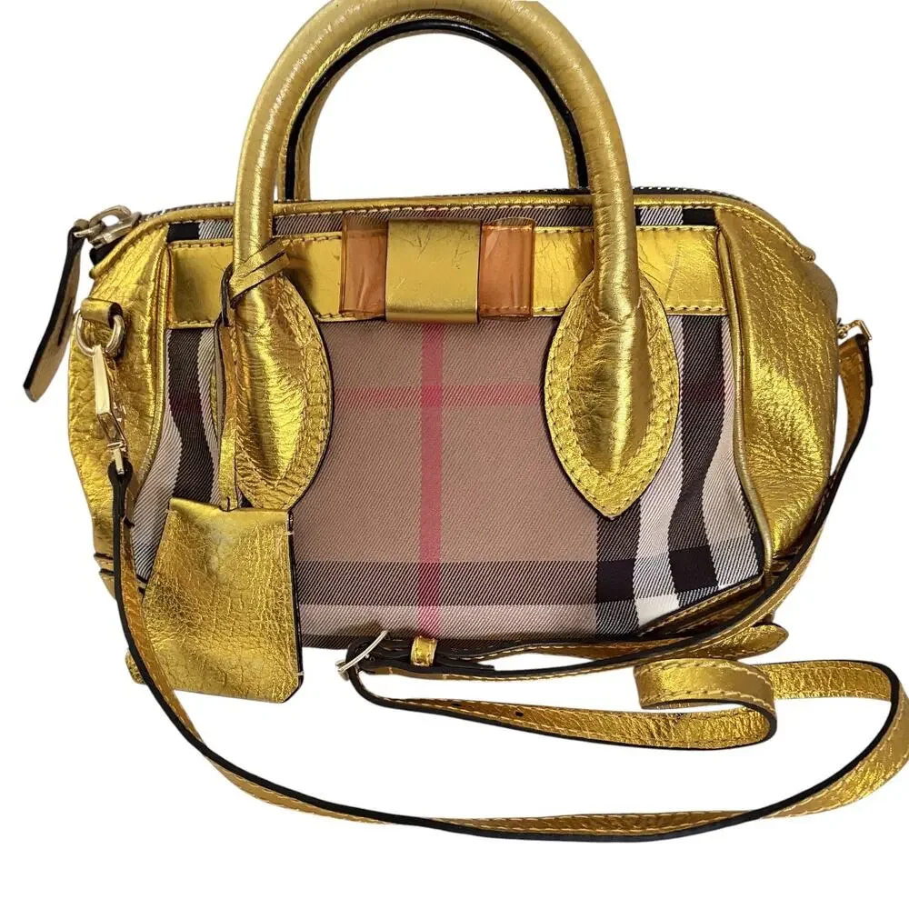 Burberry Prorsum Metallic Gold House Check Leather Bowling Bag w/ Lock & Key COA
